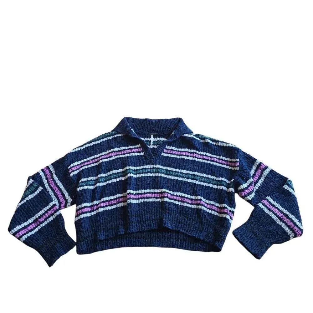 Free people womens Sz M navy multicolor Kennedy knit relax crop sweater
